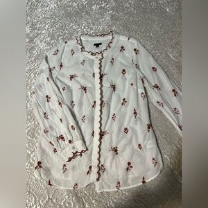 Talbots White & Brown Floral embroidery Scallop-Trim Button Front Top. MP